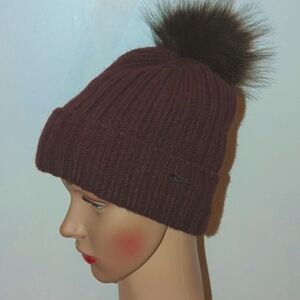 Ribbed Beanie Hat Purple w/ Velvety Lining Deep Plum Eggplant | Black Pom Warm